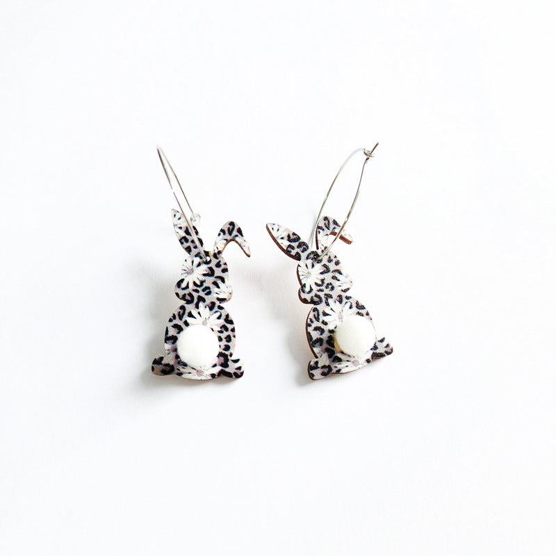 Wholesale Easter cute print spring flowers leopard print egg fur ball tail rabbit earrings